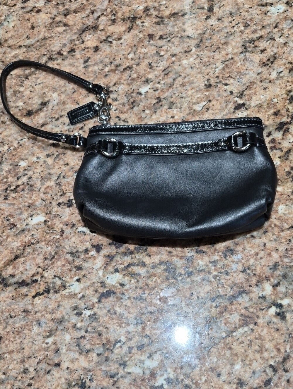 Coach Black Leather Wristlet Clutch with Gloss Trim 8 X 5.5